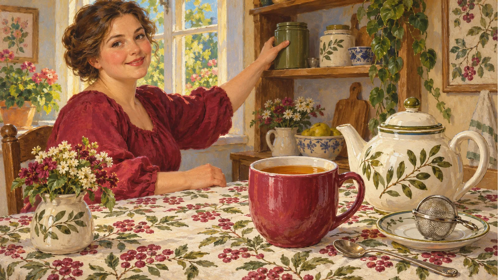 A woman reaches for a closed olive tea tin beside a sunlit table with a berry mug, floral teapot, mesh infuser and spoon.