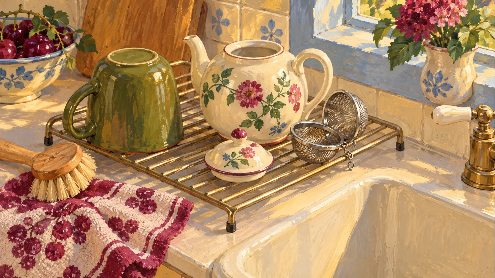 An olive mug, open floral teapot and mesh tea ball dry on a rack beside a cream sink, with a brush and berry cloth nearby.