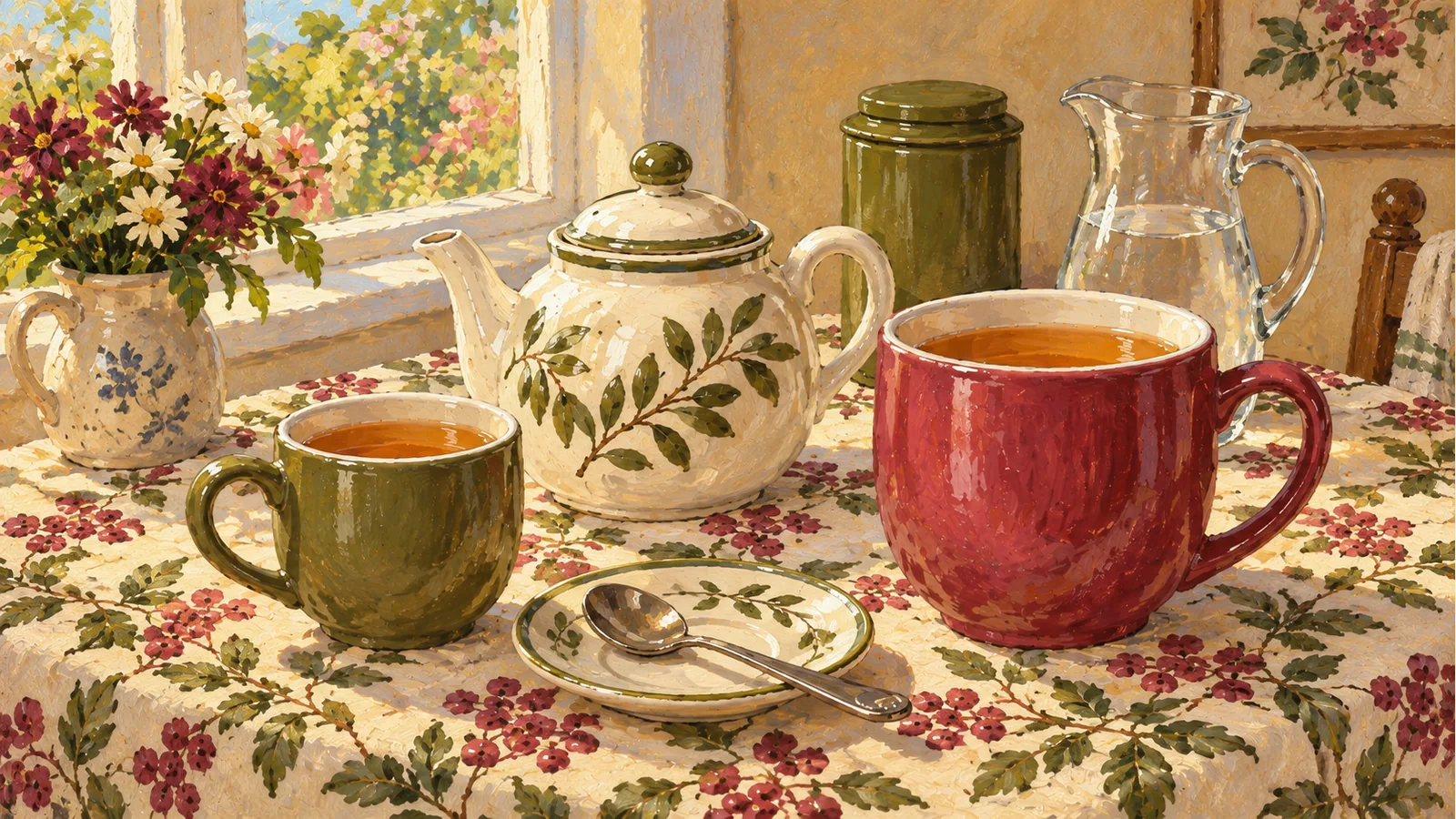 An olive cup and a larger berry mug of amber tea on a floral cloth, with a white teapot, closed tea tin, water jug and spoon.