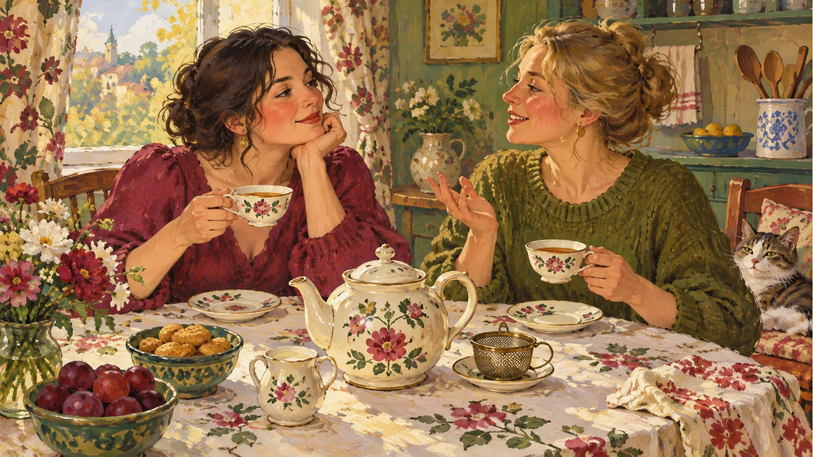 Two women share tea at a floral kitchen table with a cream teapot, milk jug and a mesh basket resting on a dish.