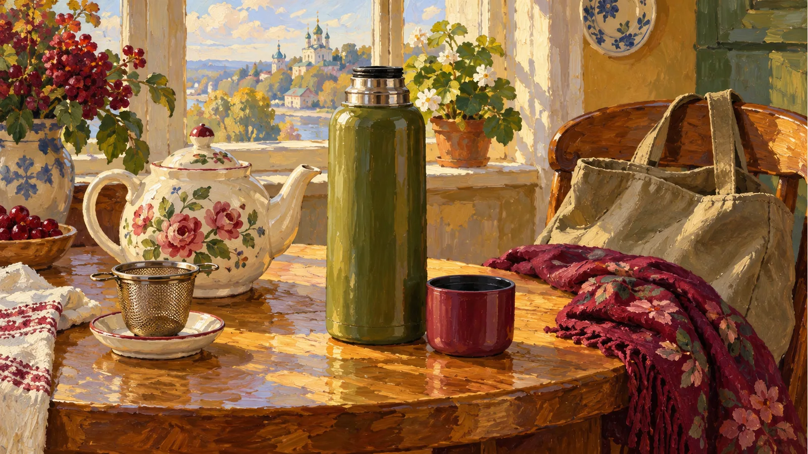 An olive flask and berry cup-cap stand beside a floral teapot, mesh infuser, berry scarf and canvas bag on a sunlit table.